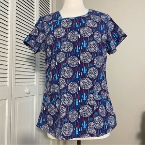 UA Scrubs Winter Alpine Trees Women's 2-Pocket Asymmetric Neck Print Top Small S